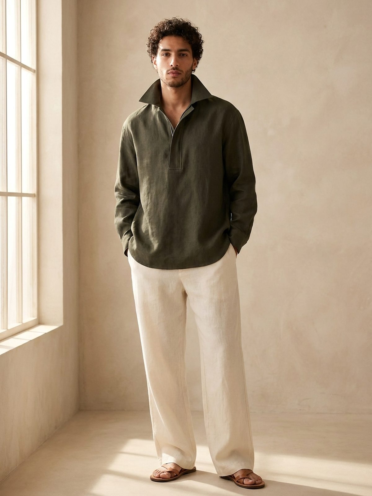 The Popover in olive, worn with the Wide Linen Trouser