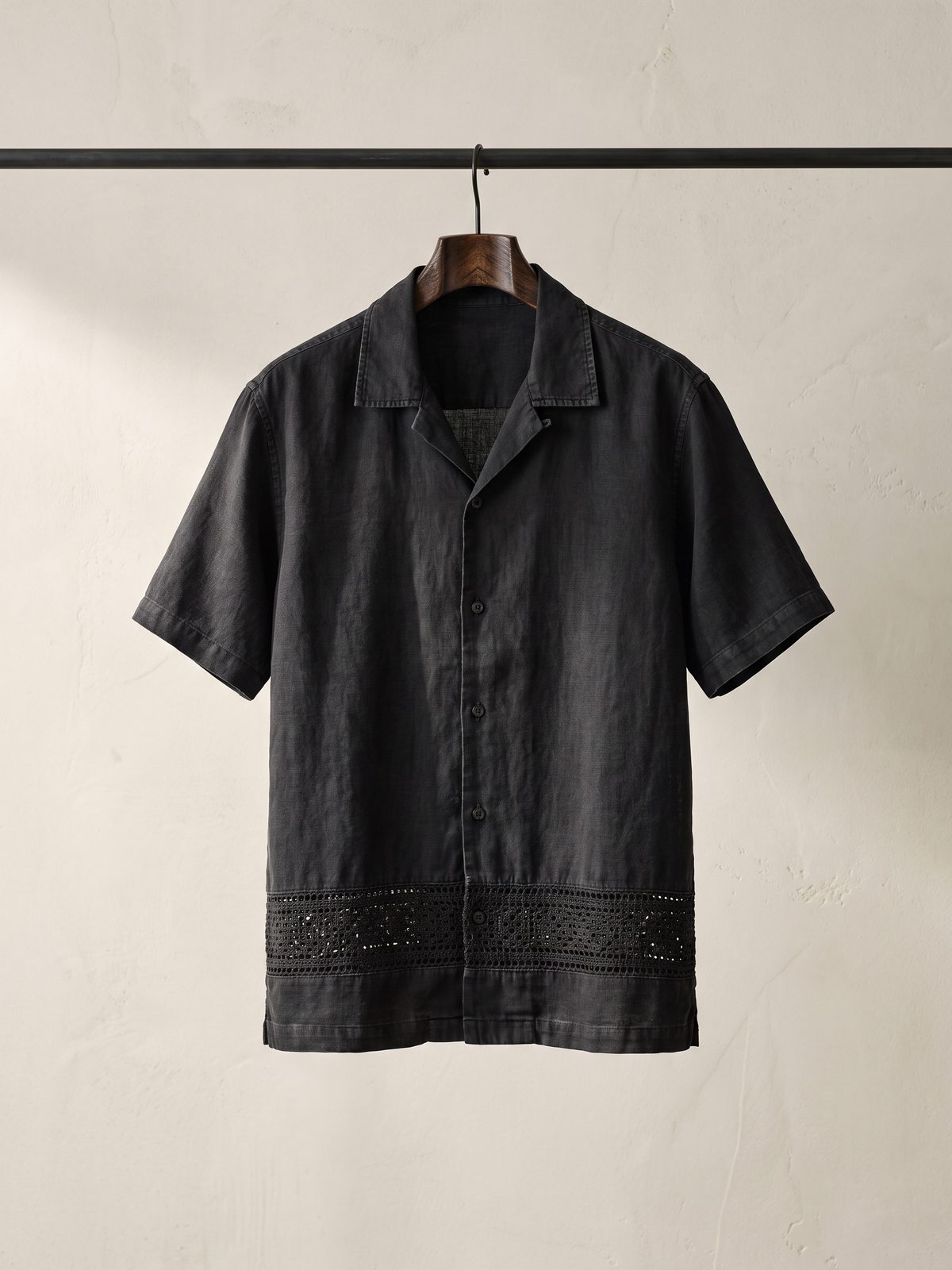 The Crochet-Hem Camp Shirt — Washed black